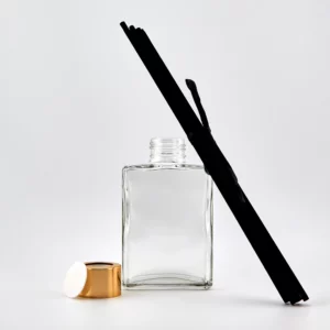125ml Rectangular Diffuser Bottle with Bright Gold Aluminium Diffuser Collar and Black Synthetic Reeds (24cm)