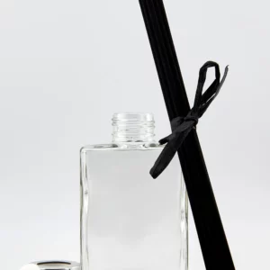 125ml Rectangular Diffuser Bottle with Bright Silver Aluminium Diffuser Collar and Black Synthetic Reeds (24cm)