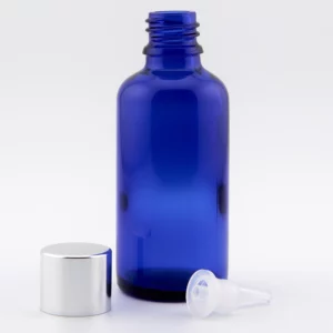 50ml YORK Blue Glass Dropper Bottle with GL18 Bright Silver Alu Cap & 0.7mm Dropper