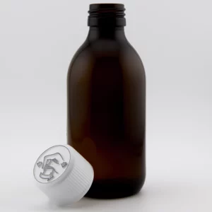 200ml Amber Medical Round with White Medi Loc Tamper Evident Cap Hands & Arrows PP28