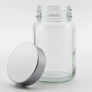 4oz 118ml Clear Glass Powder Jar and R3/38 White Urea PVDC lined cap sprayed matt silver