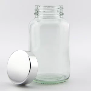 4oz 118ml Clear Glass Powder Jar and R3/38 PVDC lined Cap with Aluminium (Roll Edged) Bright silver Cap