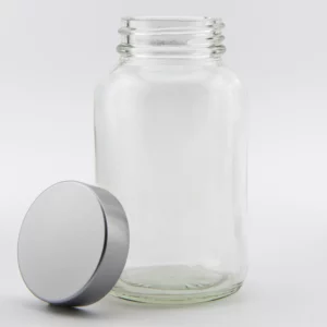 60ml Clear Glass Powder Jar and R3/38 White Urea PVDC lined cap sprayed matt silver