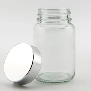 60ml Clear Glass Powder Jar and R3/38 PVDC lined Cap with Aluminium (Roll Edged) Bright silver Cap