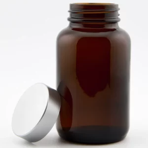 4oz 118ml Amber Glass Powder Jar and R3/38 White Urea PVDC lined cap sprayed matt silver