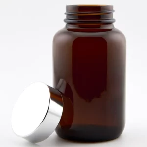 4oz 118ml Amber Glass Powder Jar and R3/38 PVDC lined Cap with Aluminium (Roll Edged) Bright silver Cap