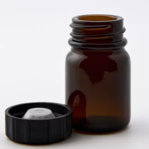 15ml Amber Glass Powder Jar and R3/28 Black PP Wadless Cap