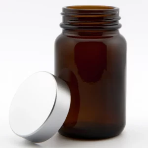 60ml Amber Glass Powder Jar and R3/38 White Urea PVDC lined cap sprayed matt silver