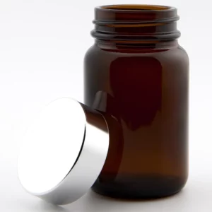 60ml Amber Glass Powder Jar and R3/38 PVDC lined Cap with Aluminium (Roll Edged) Bright silver Cap
